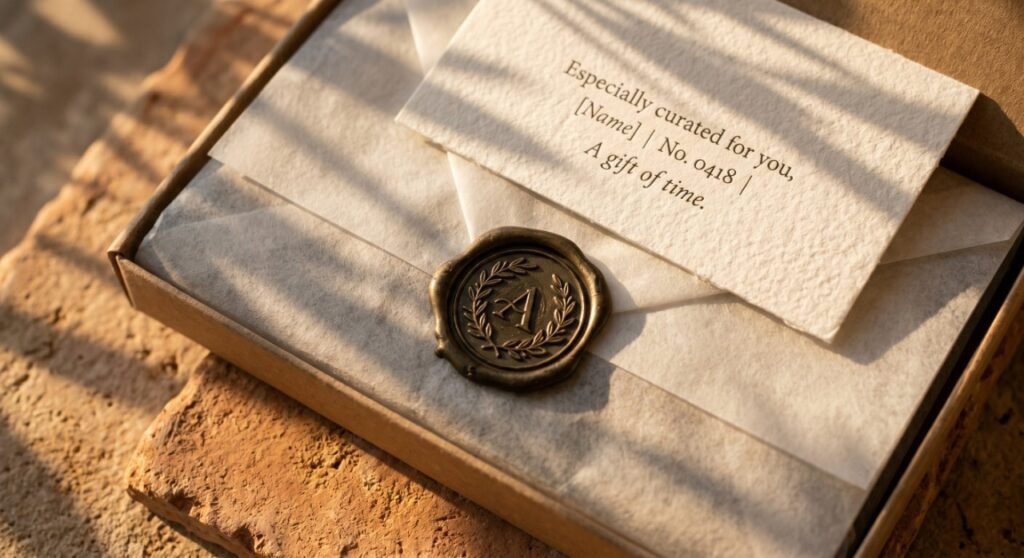 Extreme close-up of a personalized premium insert card and a heavy textured wax seal resting on crisp tissue paper inside a luxury box, bathed in warm light with delicate olive branch shadows.