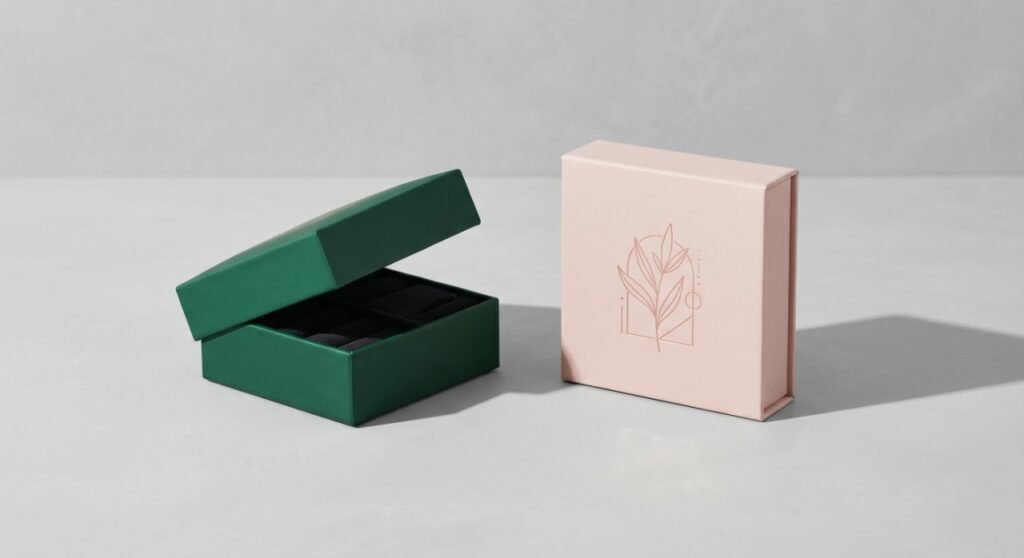 Minimalist display of a deep emerald rigid box and a blush pink folding carton on a clean marble surface, representing different B2B industry packaging solutions.