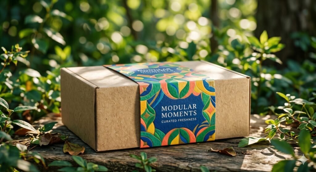 A premium D2C subscription box featuring a vibrant custom-printed paper sleeve sliding over a minimalist matte kraft outer box, set on a natural stone surface with soft forest sunlight.
