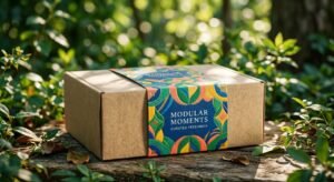 A premium D2C subscription box featuring a vibrant custom-printed paper sleeve sliding over a minimalist matte kraft outer box, set on a natural stone surface with soft forest sunlight.