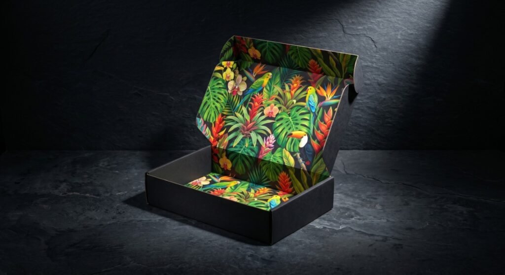 A half-open premium mailer box on a dark background, showing a stealthy plain matte black exterior and a vibrant, full-color botanical pattern printed inside, representing the D2C unboxing experience.