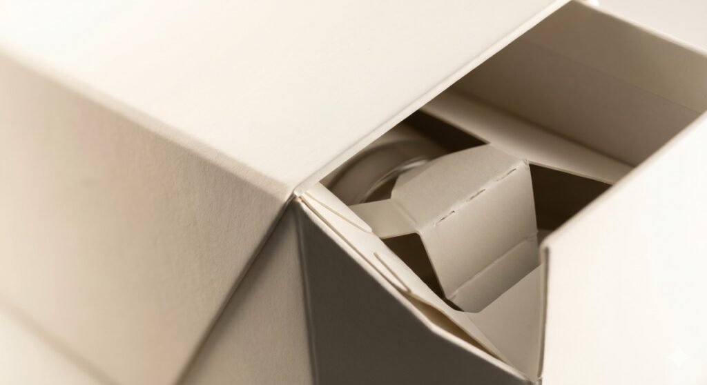 Macro close-up of a premium matte folding carton showing thick 400GSM board edges, a gold foil logo, and a custom internal structural insert.