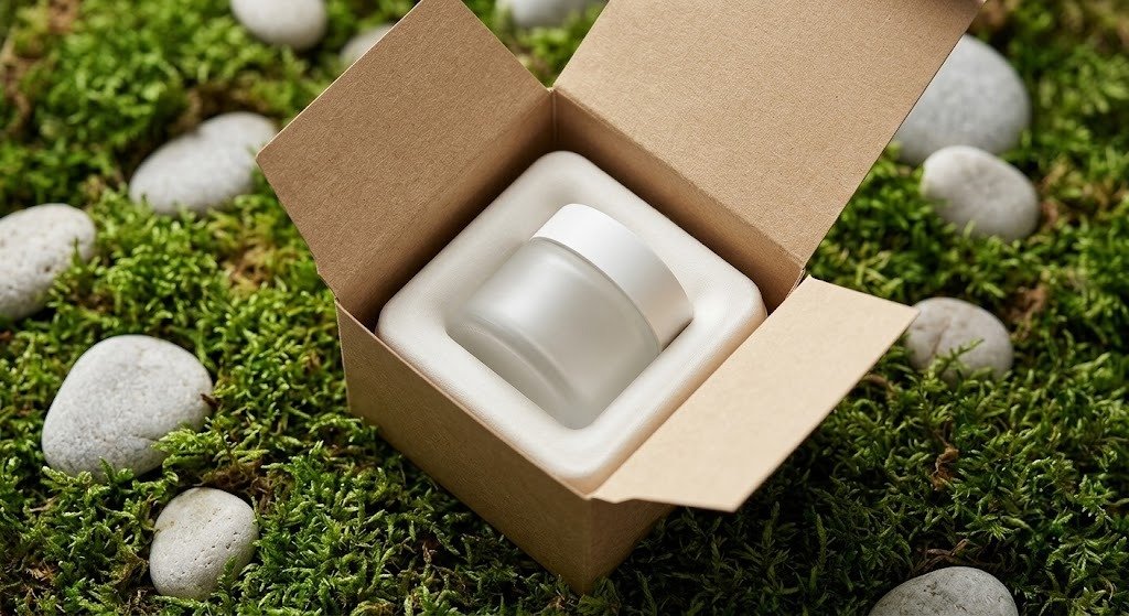 Close-up of a plastic-free luxury cosmetic box featuring a smooth, high-density molded pulp insert on a bed of natural moss and river stones, representing sustainable premium packaging.