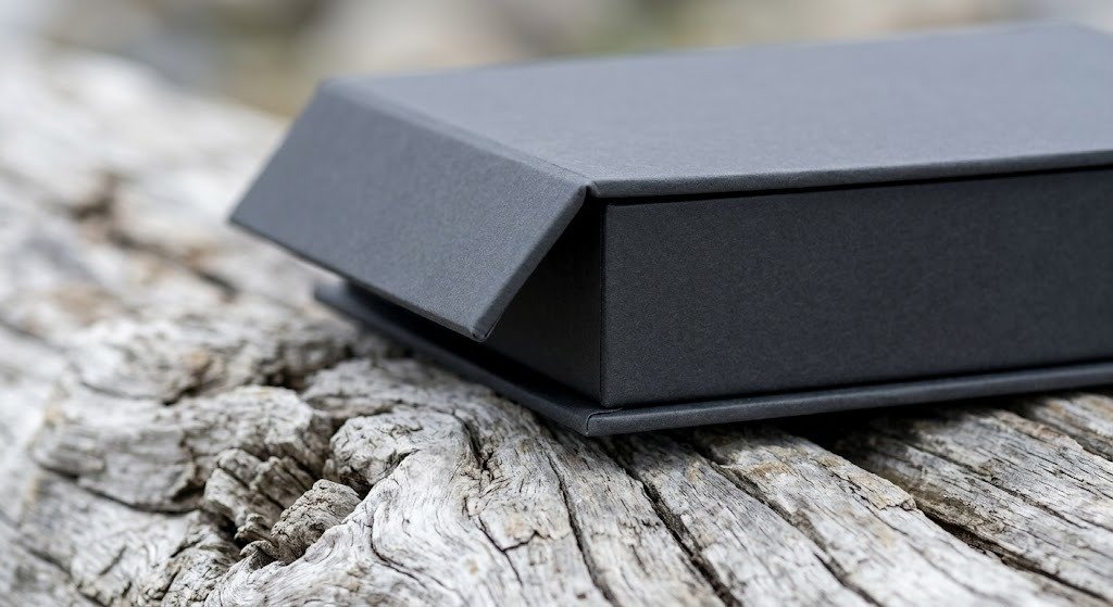 Close-up macro shot of a premium magnetic closure rigid box hovering just millimeters before snapping shut, set on a piece of natural weathered driftwood, illustrating auditory luxury in packaging.