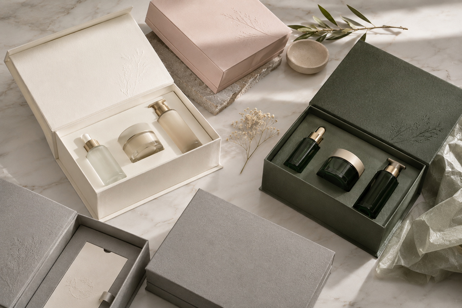 Sustainable luxury beauty packaging with refined paper textures and premium cosmetic gift boxes