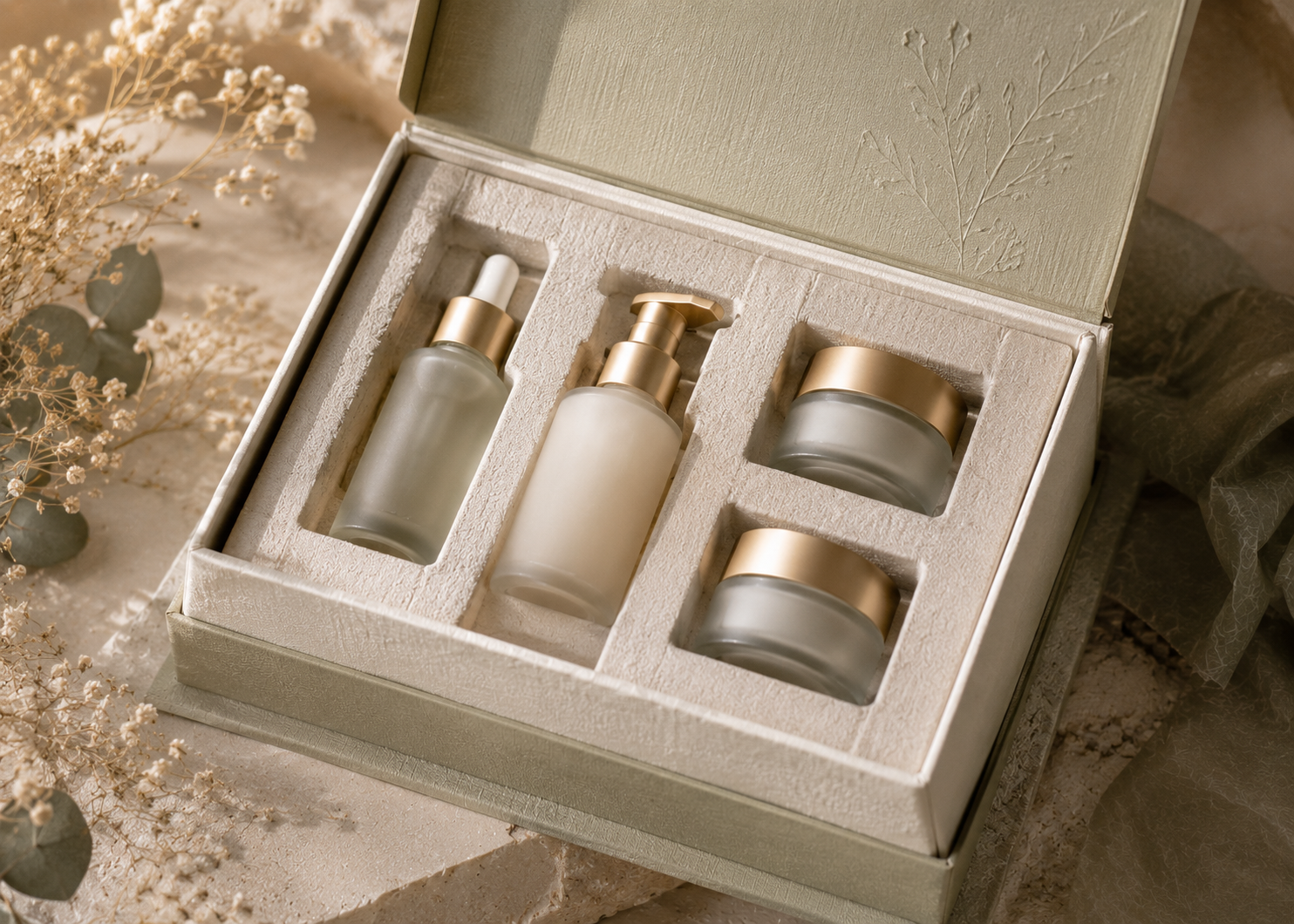FSC paper beauty box with molded paper inserts for skincare bottles