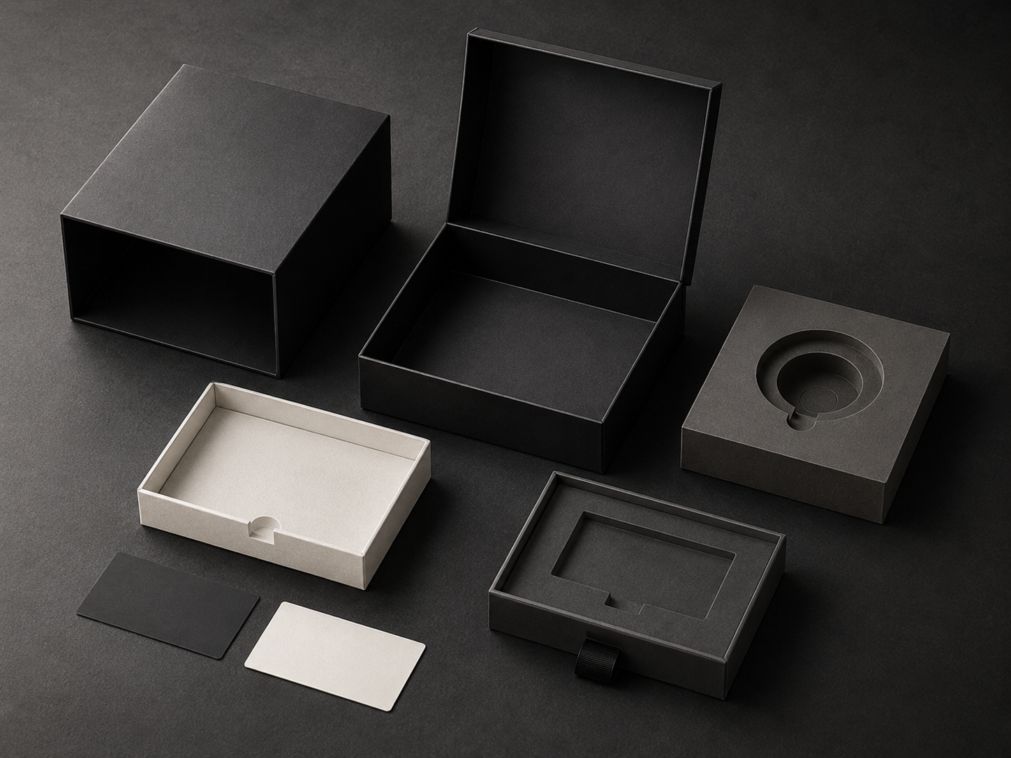 Black rigid gift box with empty circular insert for smart ring packaging