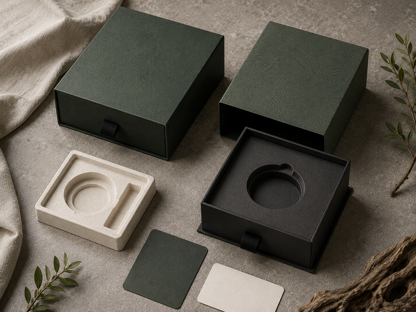 Premium tech packaging unboxing sequence with layered paper cards and inserts