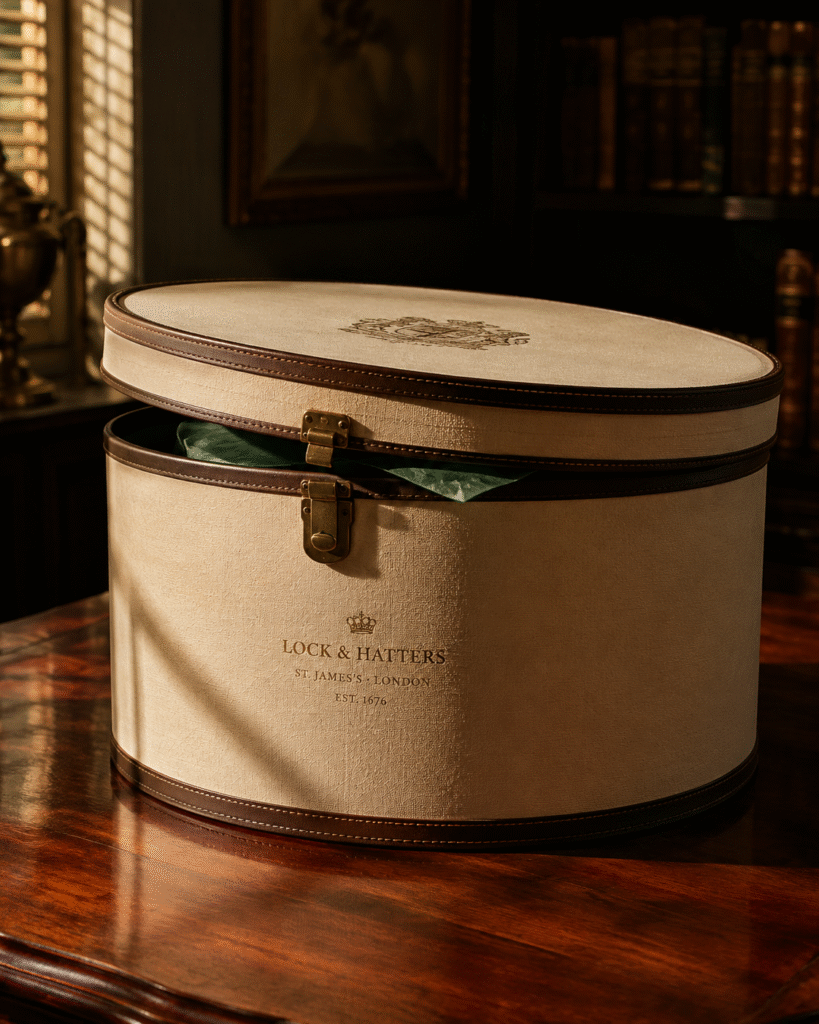 A luxurious vintage-inspired round hat box covered in textured cream linen with dark leather trims, partially open on a polished mahogany table bathed in soft afternoon sunlight.