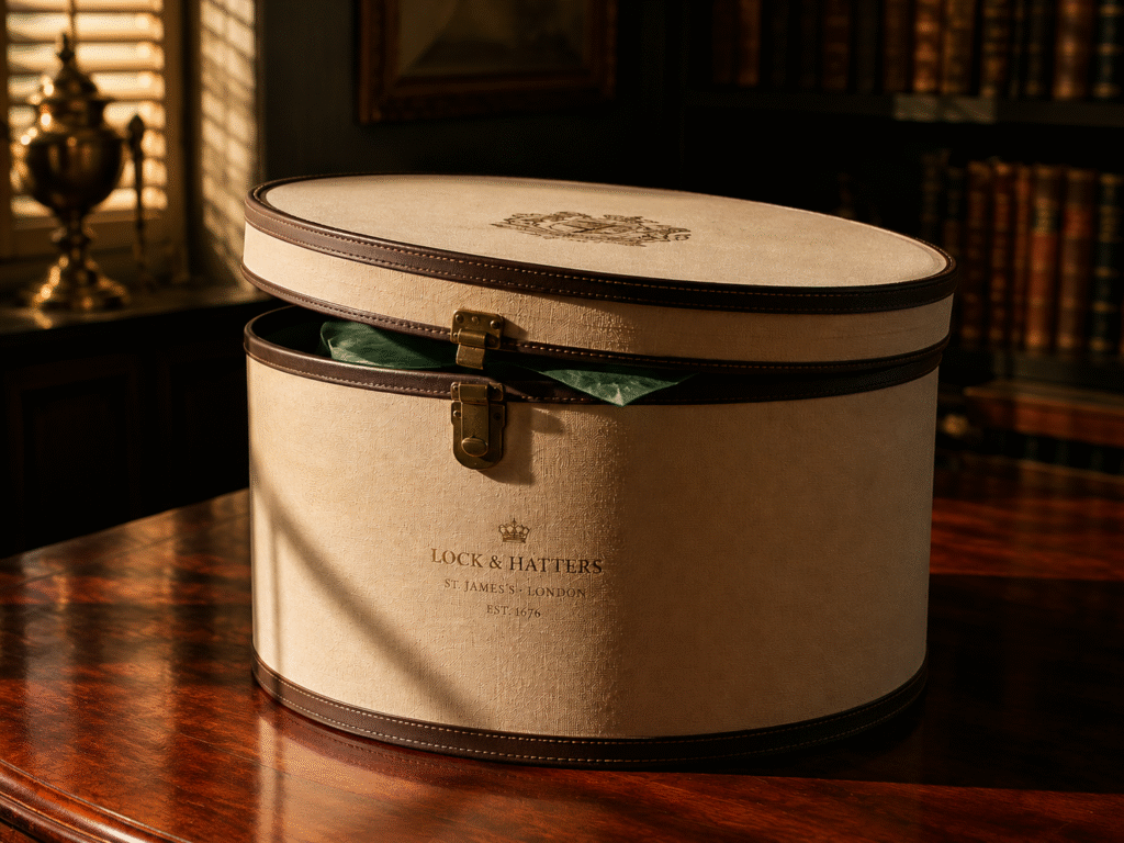 A luxurious vintage-inspired round hat box covered in textured cream linen with dark leather trims, partially open on a polished mahogany table bathed in soft afternoon sunlight.