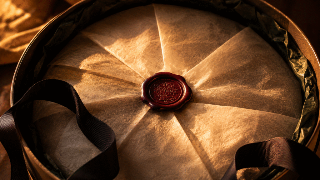 Extreme close-up of an opened luxury hat box interior, featuring thick grosgrain ribbon, crisp translucent tissue paper, and a heavy burgundy wax seal under warm golden hour lighting.