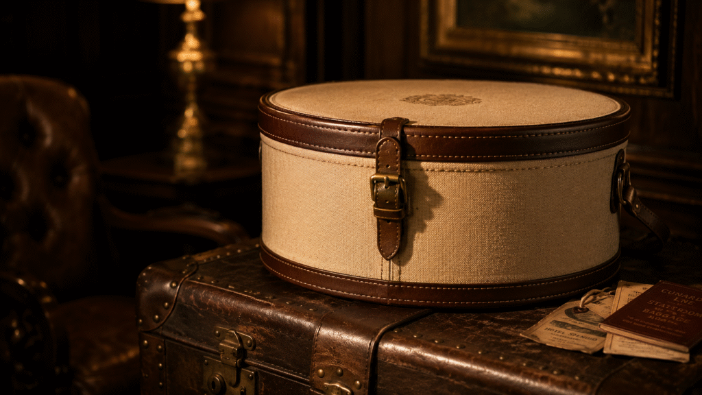 A pristine vintage-inspired round hat box made of textured canvas with dark leather straps and brass hardware, resting elegantly on an antique leather trunk in a moody, classic setting.
