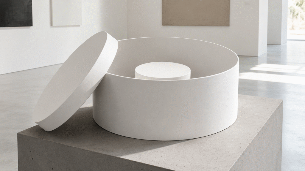 A massive, deep minimalist white rigid hat box open on a concrete pedestal in a bright gallery-like space, showcasing immense internal volume and breathing room around the hat plinth.