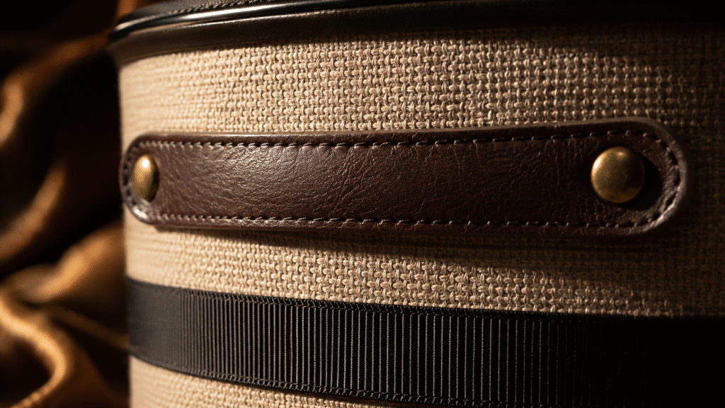 Extreme macro close-up of a luxury hat box, focusing on a dark genuine leather handle secured by antique brass rivets and a thick textured grosgrain ribbon, set against uncoated linen paper.