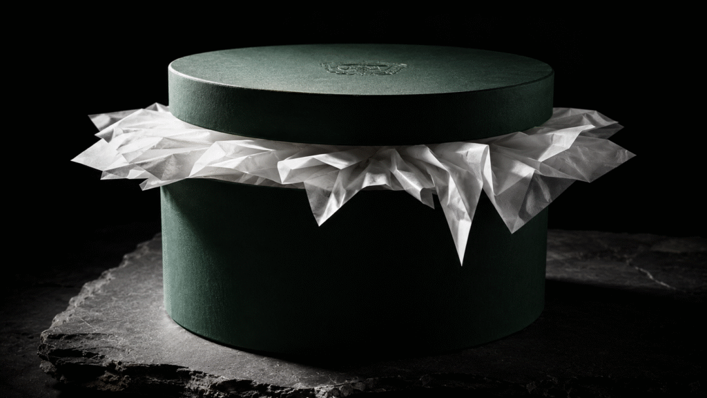 A deep emerald green hat box slightly ajar on a dark slate surface, with layers of impossibly crisp white tissue paper bursting from the gap, catching the dramatic spotlight.
