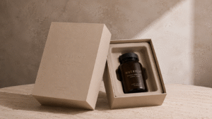 A luxurious, pharmaceutical-grade pet supplement packaging set featuring a heavy matte oat-colored rigid box, partially open to reveal a premium dark amber glass bottle inside a bespoke molded pulp insert, resting on a travertine stone surface.