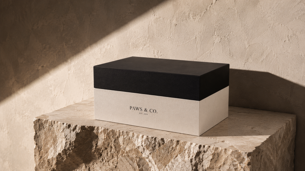 A pristine, heavyweight matte black and cream rigid presentation box for premium supplements, resting on a raw textured marble plinth against a soft muted beige plaster wall, showcasing structural elegance.