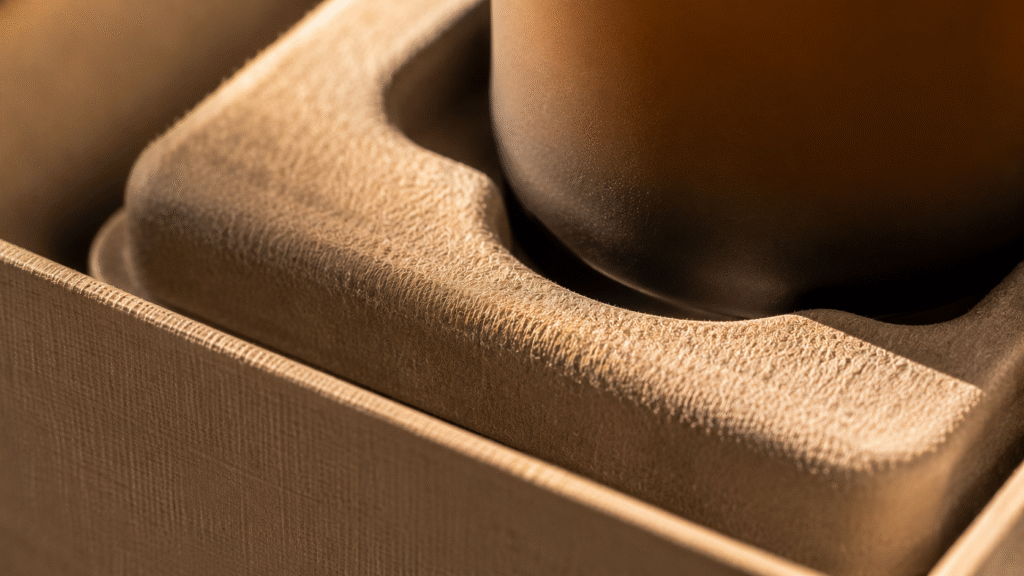 Extreme macro photography of a luxury wellness box interior, featuring a perfectly engineered velvety molded pulp insert precisely cradling the heavy base of an amber glass bottle under warm, soothing lighting.