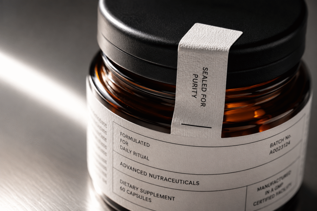 Extreme macro shot of a heavy dark amber glass jar with a matte black lid, sealed with a thick textured paper tamper-evident strip, resting on a clean brushed metal surface under focused studio lighting.