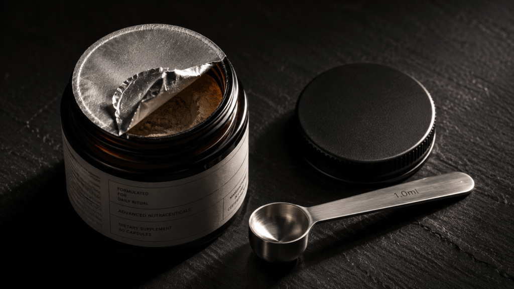 Extreme close-up of a premium amber glass pet supplement jar with a thick, partially peeled induction foil seal, resting next to a heavy bespoke stainless steel dosing scoop on a dark natural slate tray.