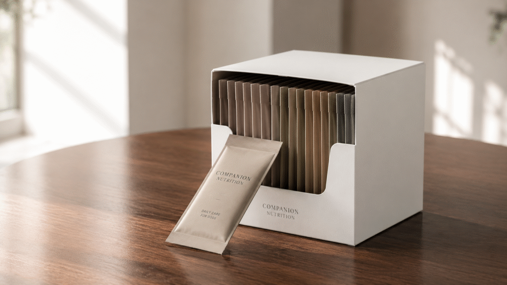 A sleek, matte white minimalist dispenser box showcasing perfectly aligned daily dose supplement sachets in muted earthy tones, arranged on a smooth walnut wood surface under soft diffused daylight.
