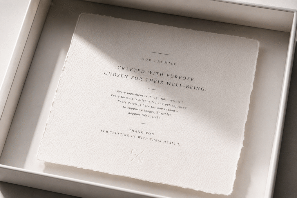 Top-down close-up of an opened luxury matte pet supplement box, revealing a heavyweight textured paper insert card with elegant minimalist typography featuring a customized greeting for a pet, illuminated by soft natural light.