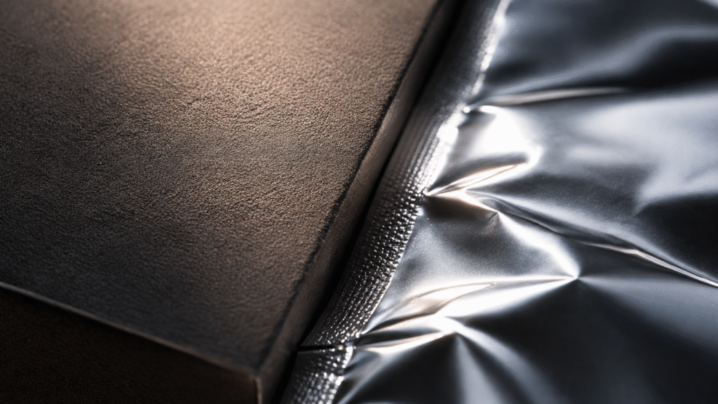 Extreme macro material photography contrasting the velvety soft-touch matte finish of a dark charcoal rigid box edge against the crisp, sterile metallic gleam of a high-barrier foil sachet.