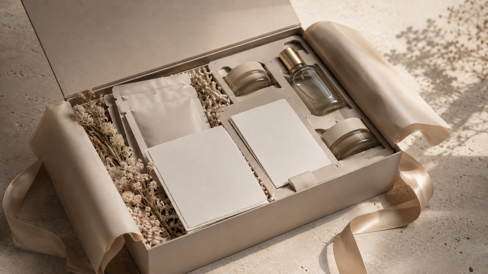 Layered custom PR gift box with drawer compartments, inserts, ribbons, and reveal cards