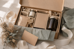 Custom PR gift box with premium beauty and wellness products in an elegant unboxing layout