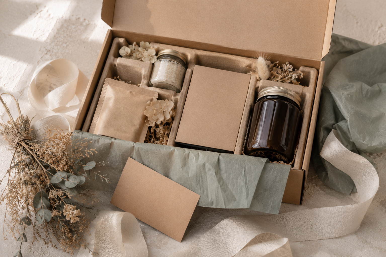 Custom PR gift box with premium beauty and wellness products in an elegant unboxing layout