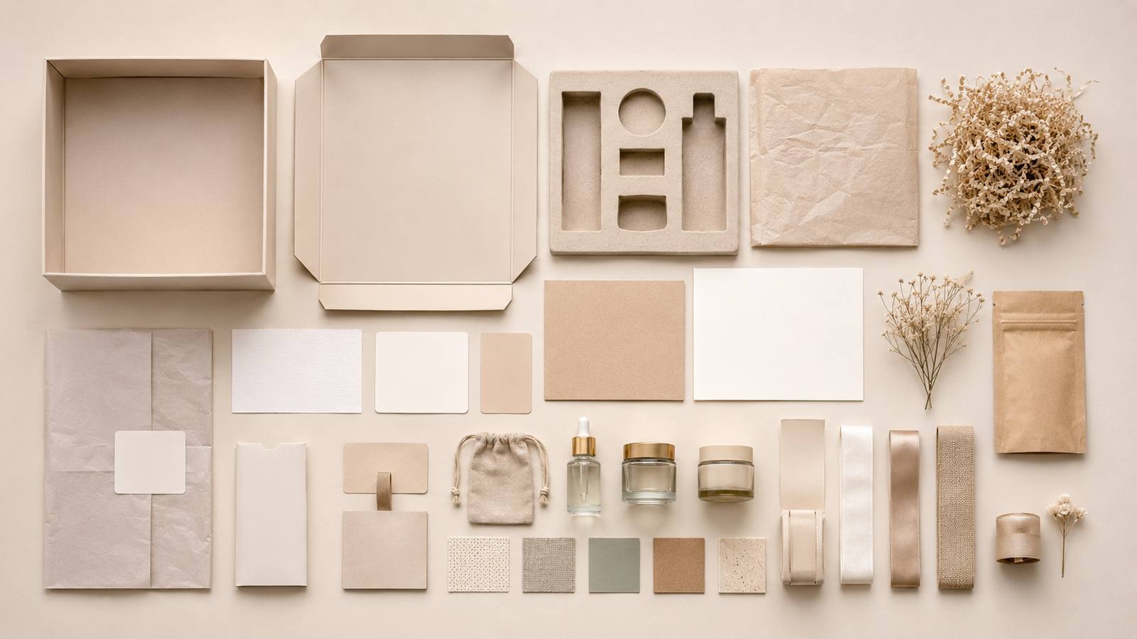 Flat lay of custom PR gift box components including inserts, cards, ribbons, samples, and packaging materials