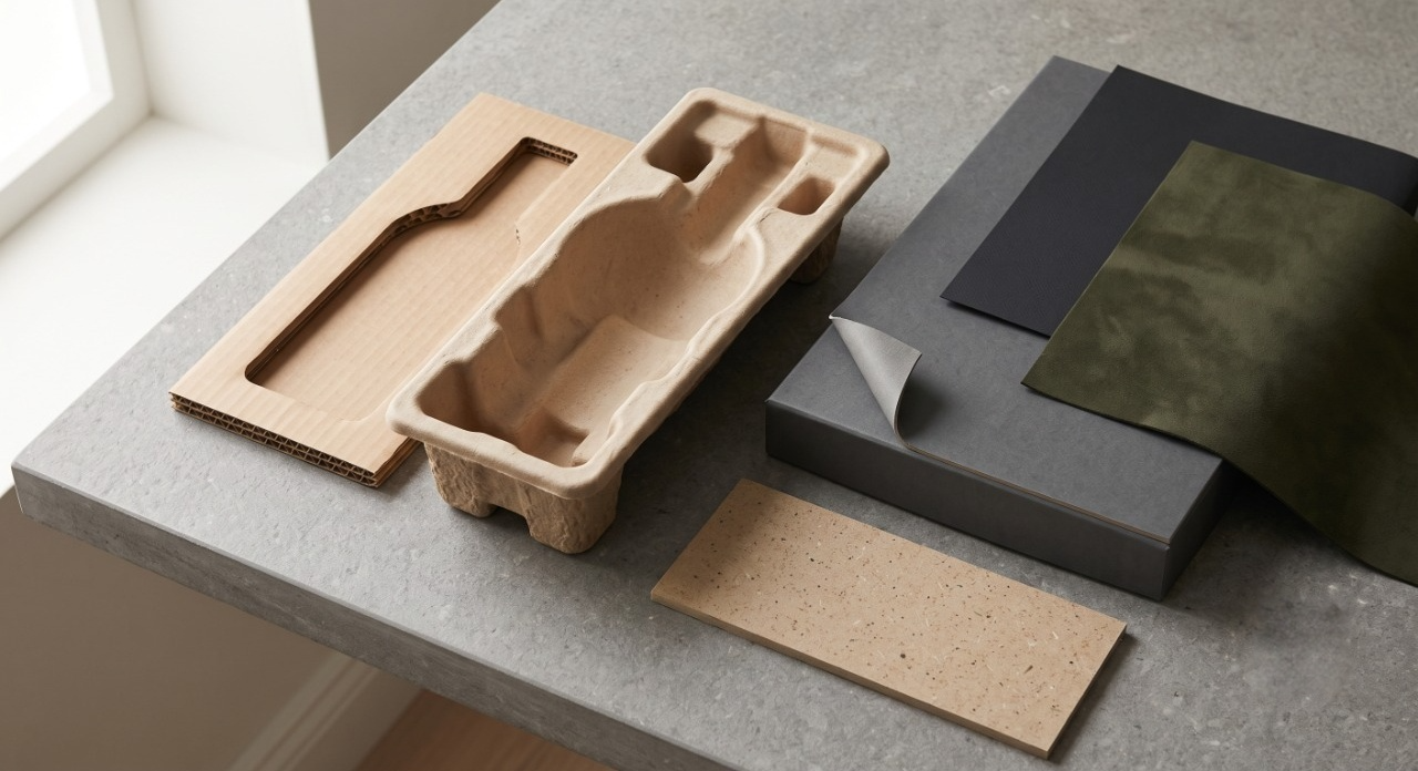 Premium spirits packaging material options including molded pulp, corrugated board, rigid box paper, and luxury sleeves.
