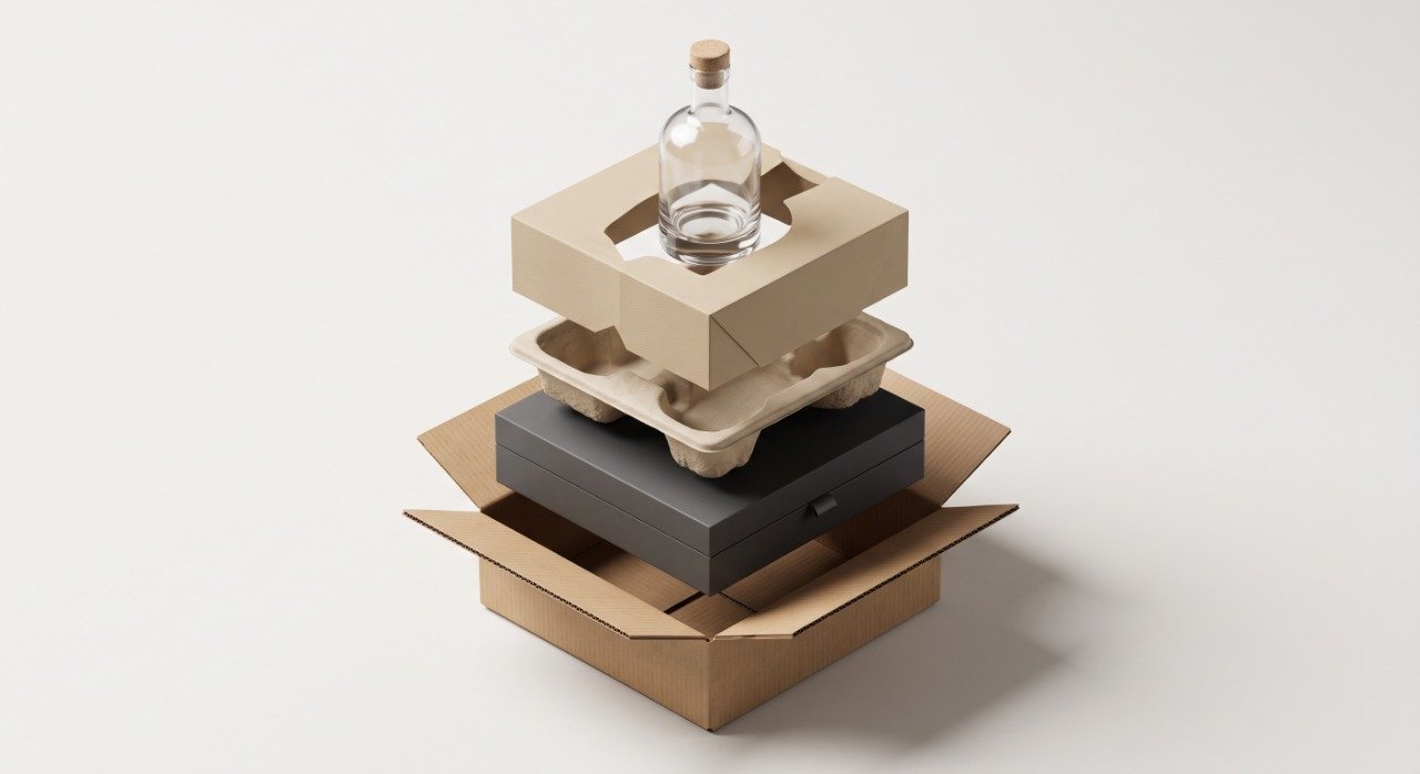 Layered spirits packaging structure showing bottle, insert, rigid gift box, sleeve, and shipping carton.