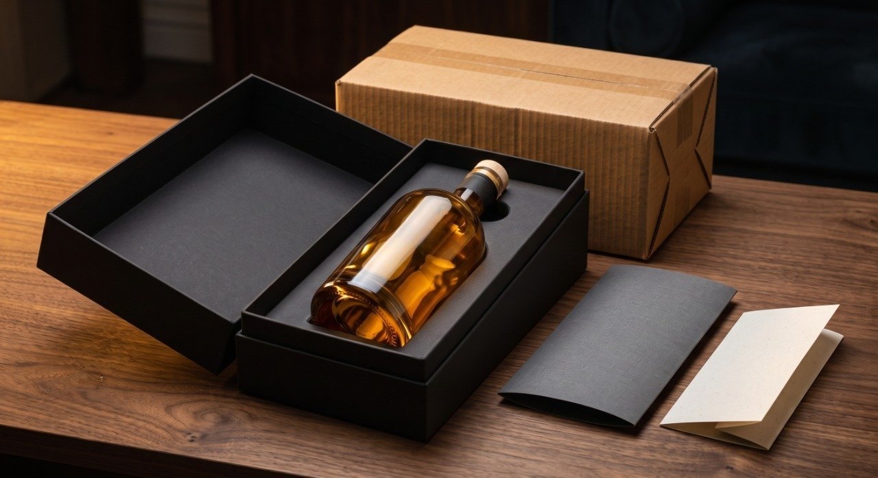 Premium spirits packaging system with a rigid bottle box, protective paper insert, and corrugated outer shipper.