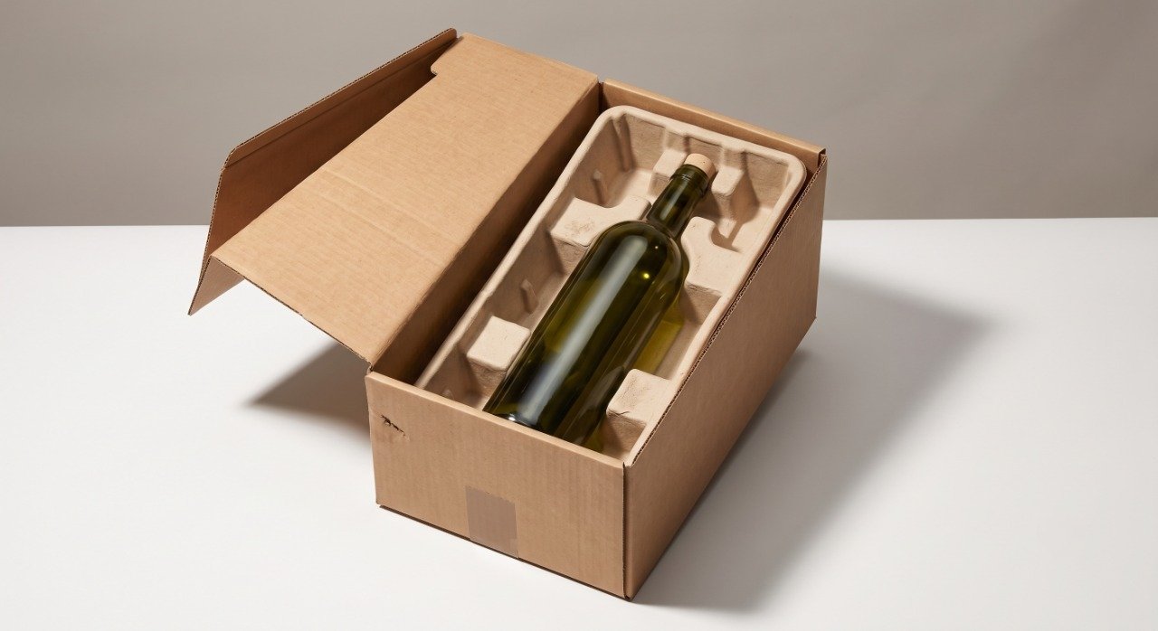 Protective spirits bottle packaging with reinforced shipper, structured insert, and secure bottle placement.