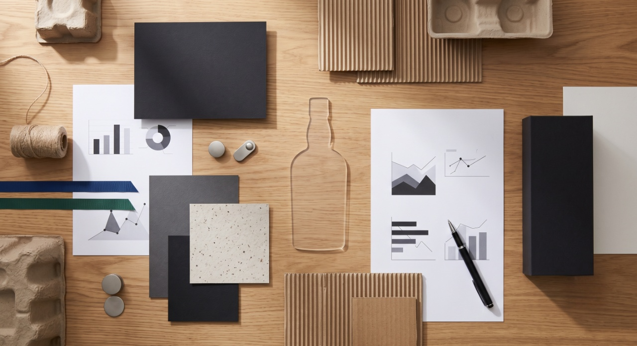 Printed packaging data sheets with paperboard samples, corrugated inserts, and premium bottle packaging materials.