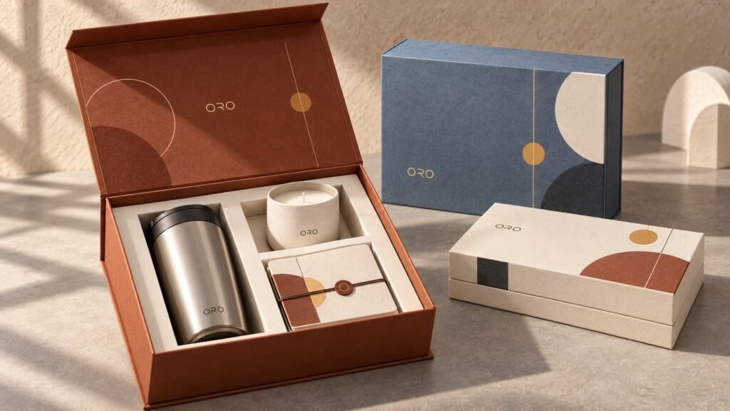 Custom gift boxes with logo for a corporate holiday gift program