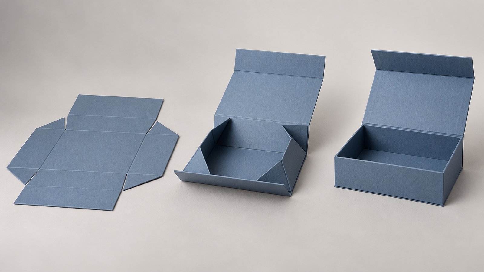Collapsible magnetic box shown flat, partially folded and fully assembled