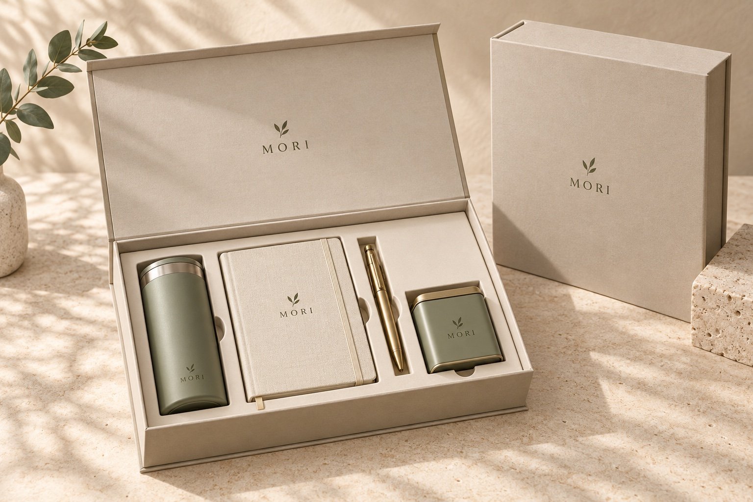 Corporate welcome gift box with tumbler notebook pen and tea tin