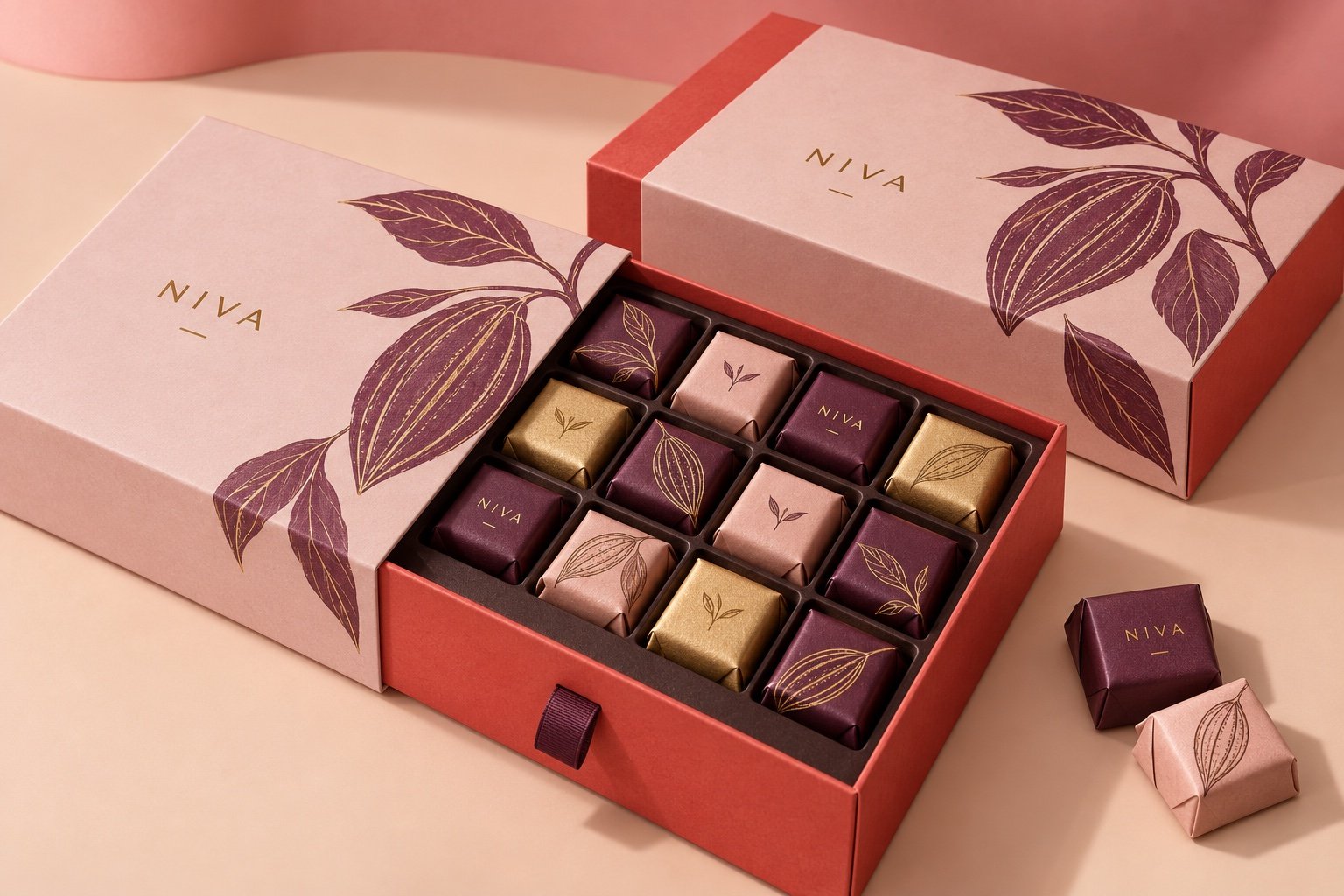 Custom corporate chocolate gift box with printed logo and wrapped chocolates