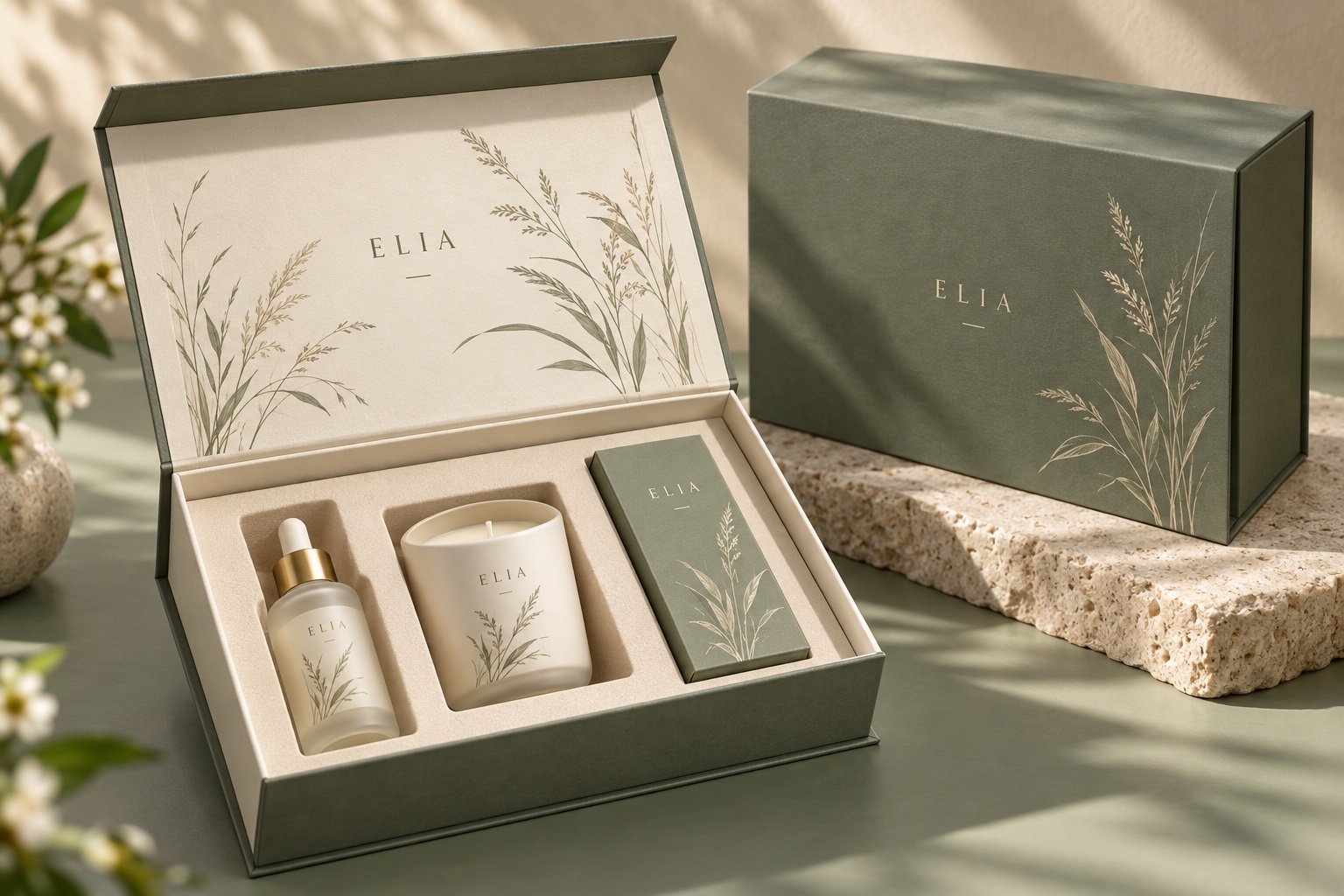 Skincare and candle gift box with molded pulp insert