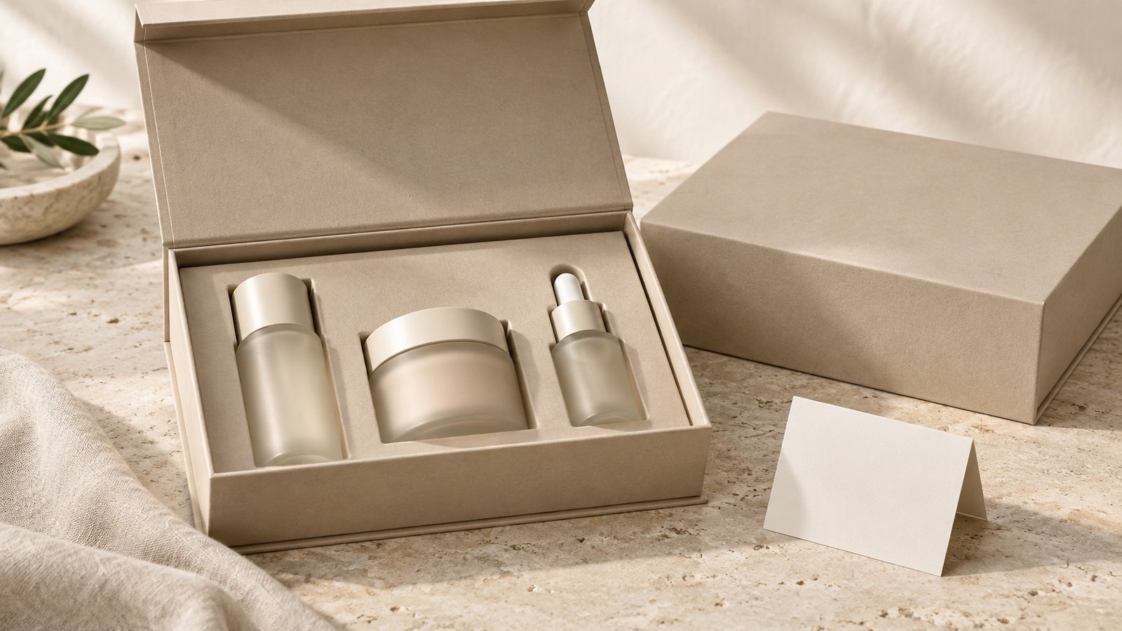 Luxury skincare gift set in a custom magnetic rigid box with fitted insert
