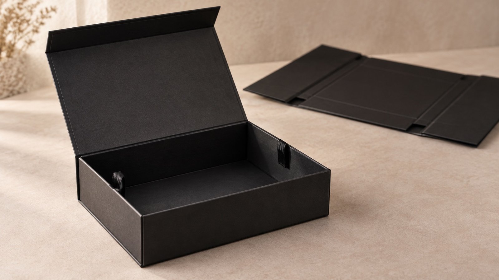 Black foldable magnetic gift box with ribbon pull tabs and flat-pack form