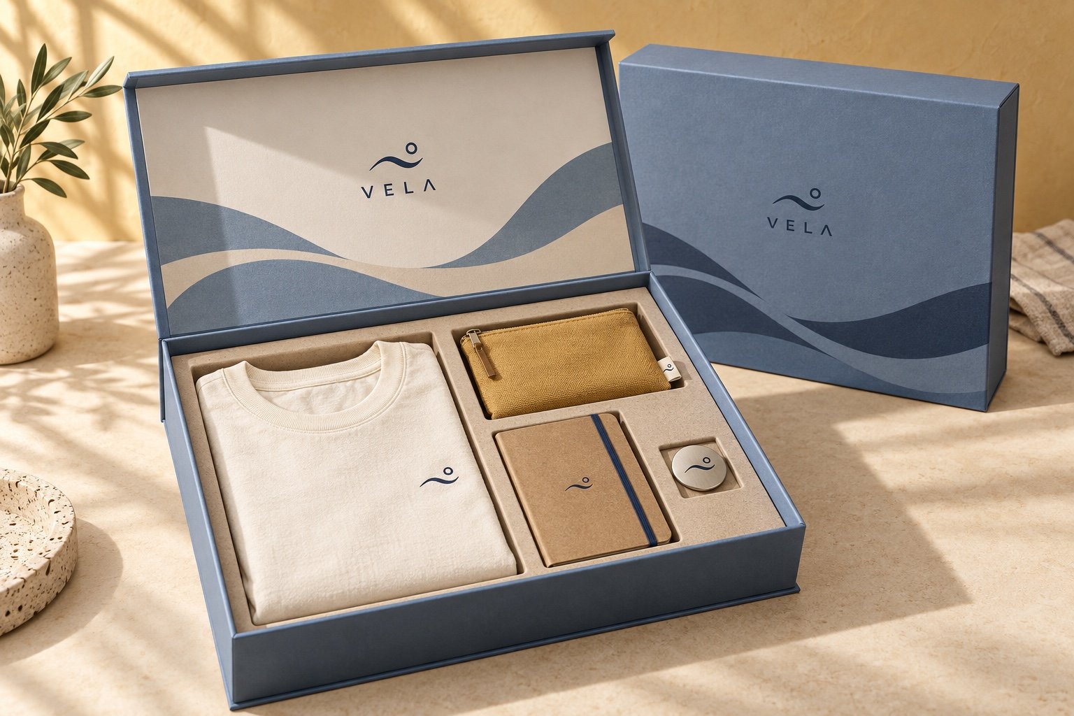 Corporate apparel welcome kit in a custom magnetic rigid box