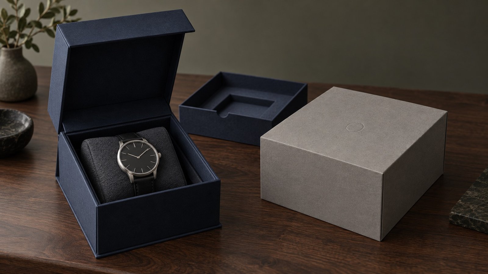Premium watch displayed in a custom magnetic rigid presentation box