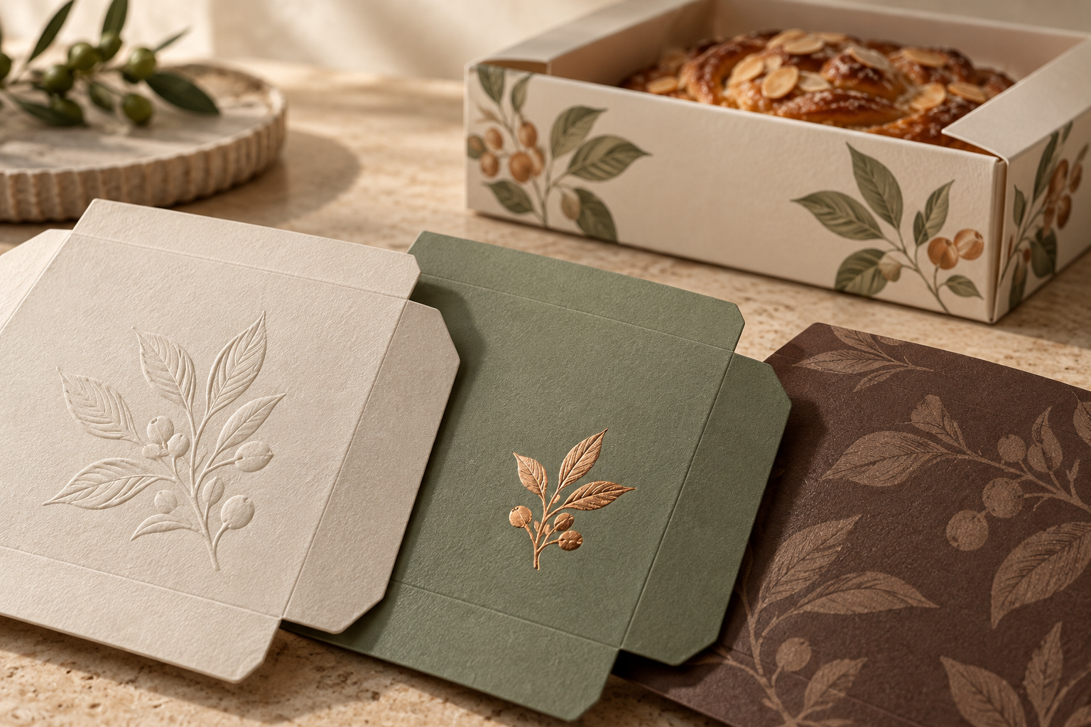 Blind emboss copper foil and matte printed finishes on bakery box paperboard