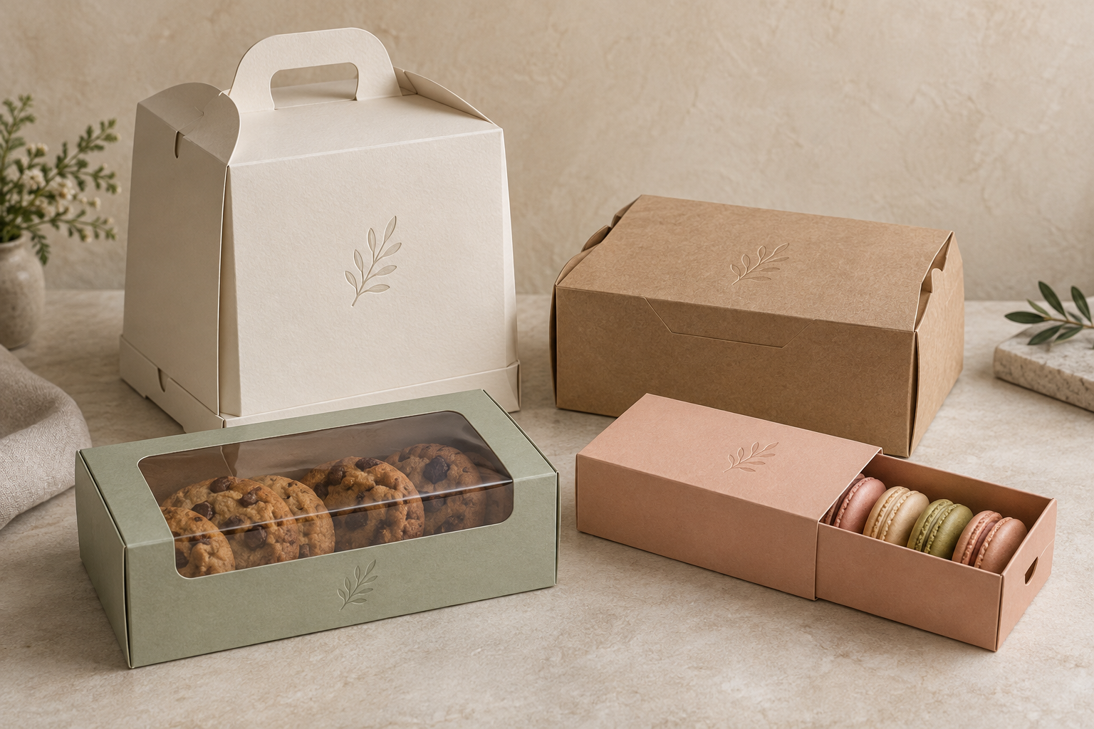 Tall cake pastry window cookie and macaron bakery box structure comparison