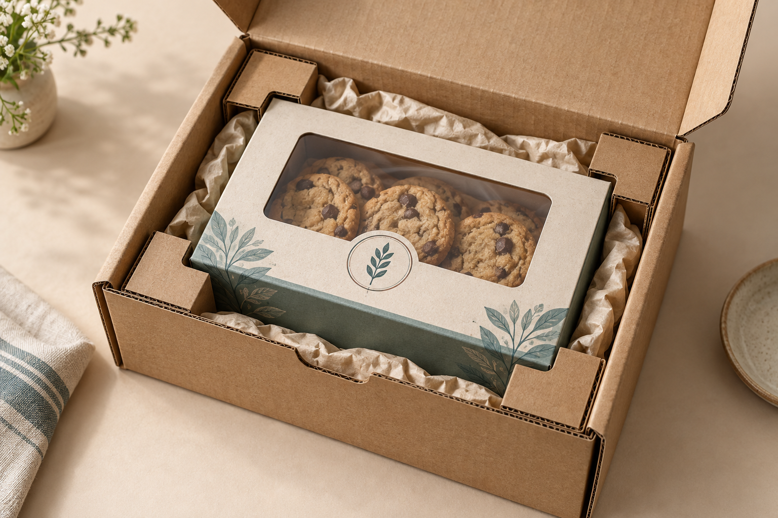 Window cookie box protected inside a fitted corrugated ecommerce mailer