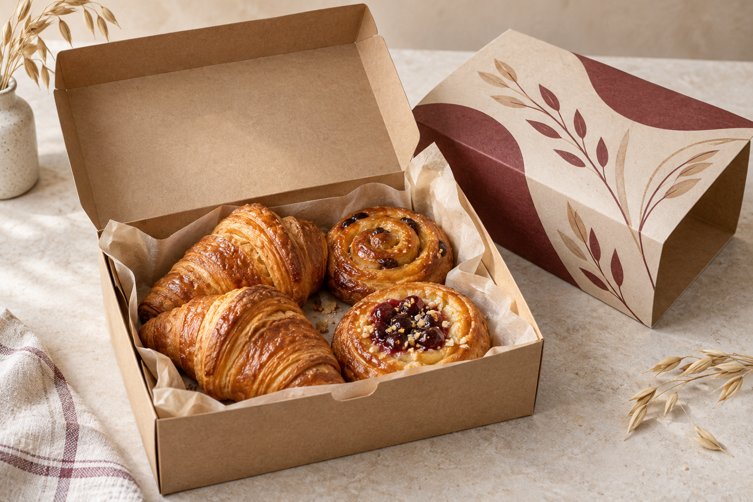 Kraft bakery box with parchment liner separating pastries from a printed outer sleeve