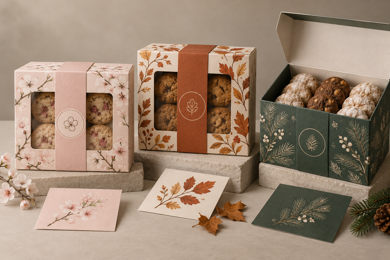 Coordinated spring autumn and winter custom bakery box designs